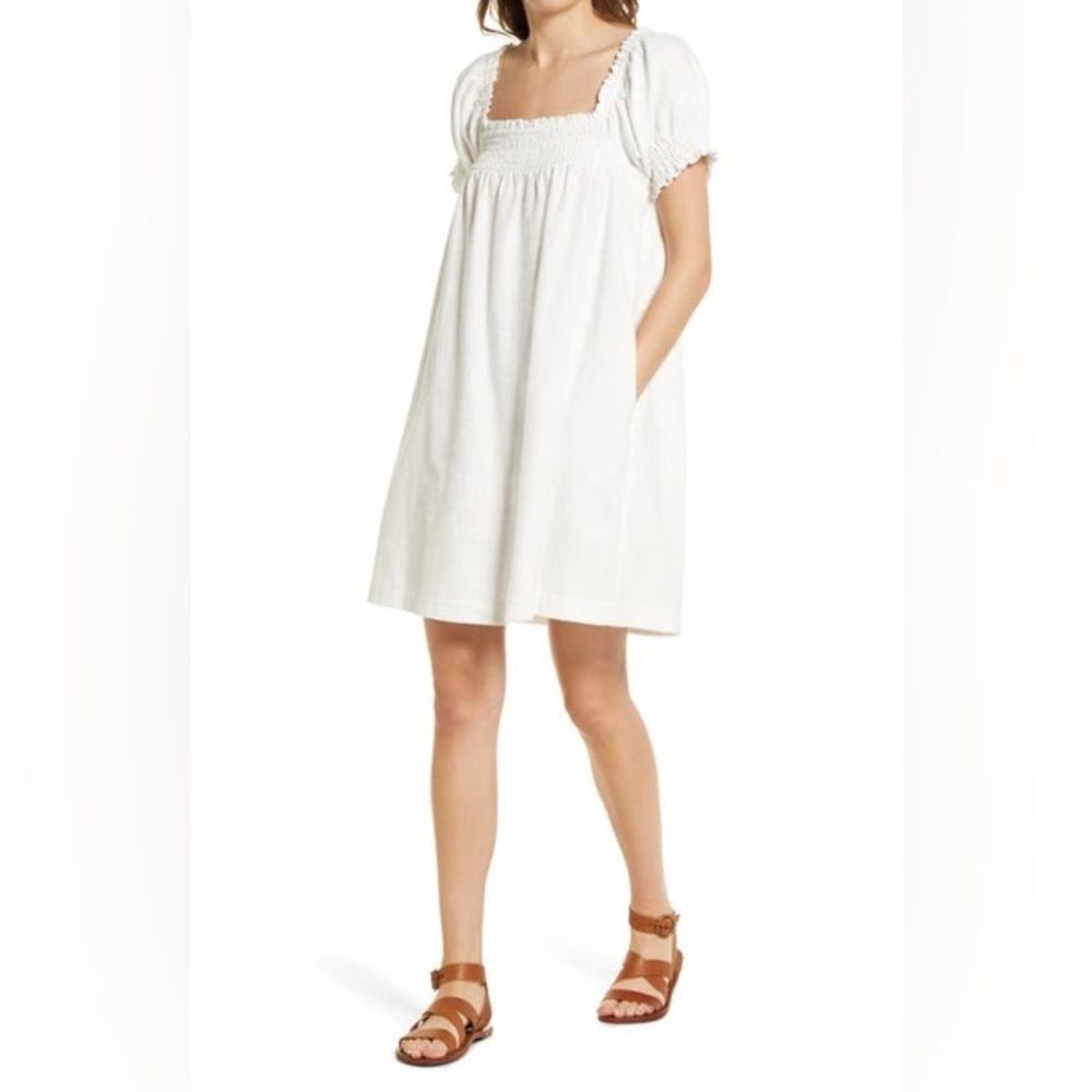 NWT FAHERTY Ramona Organic Cotton Shift Dress Egret White Puff Sleeve Top Small